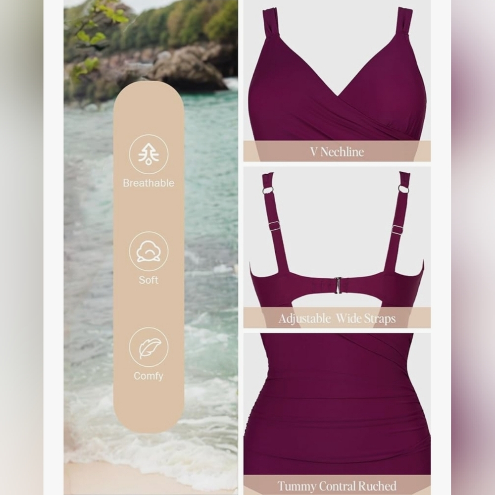 3XL Women‘s Swimsuit Plus Size Tummy Control V Neck Wine Color - Picture 3 of 7